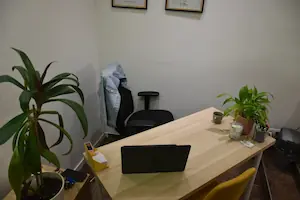 Espace de consultation du cabinet naturopathique d'Agnès Guet à Blain, bureau en bois, plantes vertes et diplômes au mur